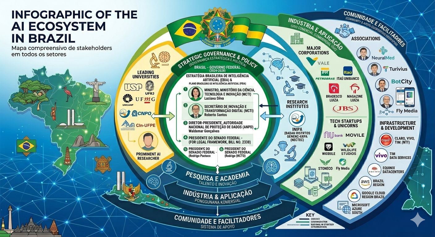 Infographic of the AI ecosystem in Brazil: strategic governance and policy, leading universities, industry and application, and community and enablers.