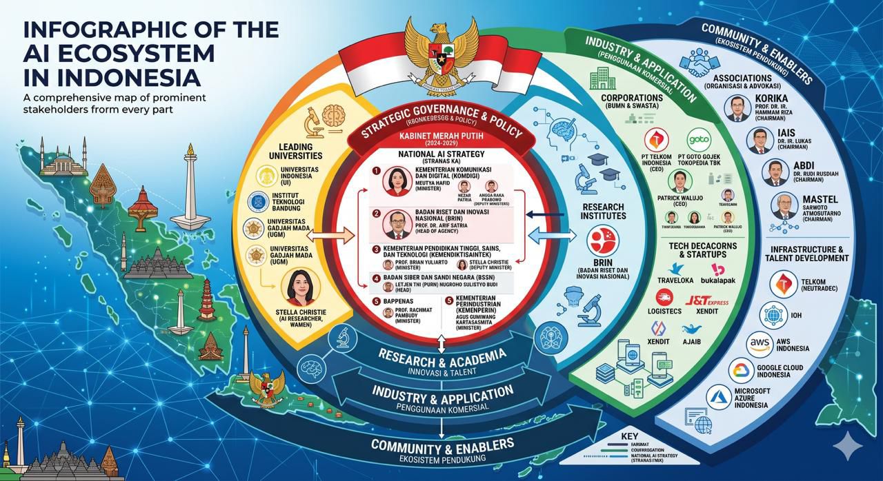 Infographic of the AI ecosystem in Indonesia: strategic governance and policy, leading universities, industry and application, and community and enablers.