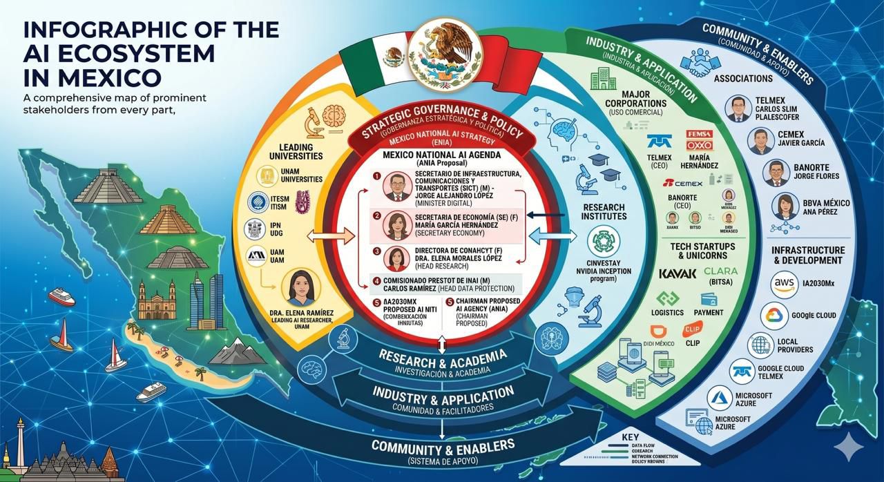 Infographic of the AI ecosystem in Mexico: strategic governance and policy, leading universities, industry and application, and community and enablers.
