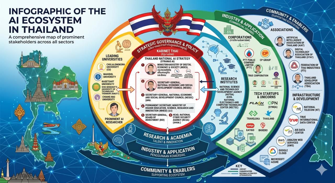 Infographic of the AI ecosystem in Thailand: strategic governance and policy, leading universities, industry and application, and community and enablers.